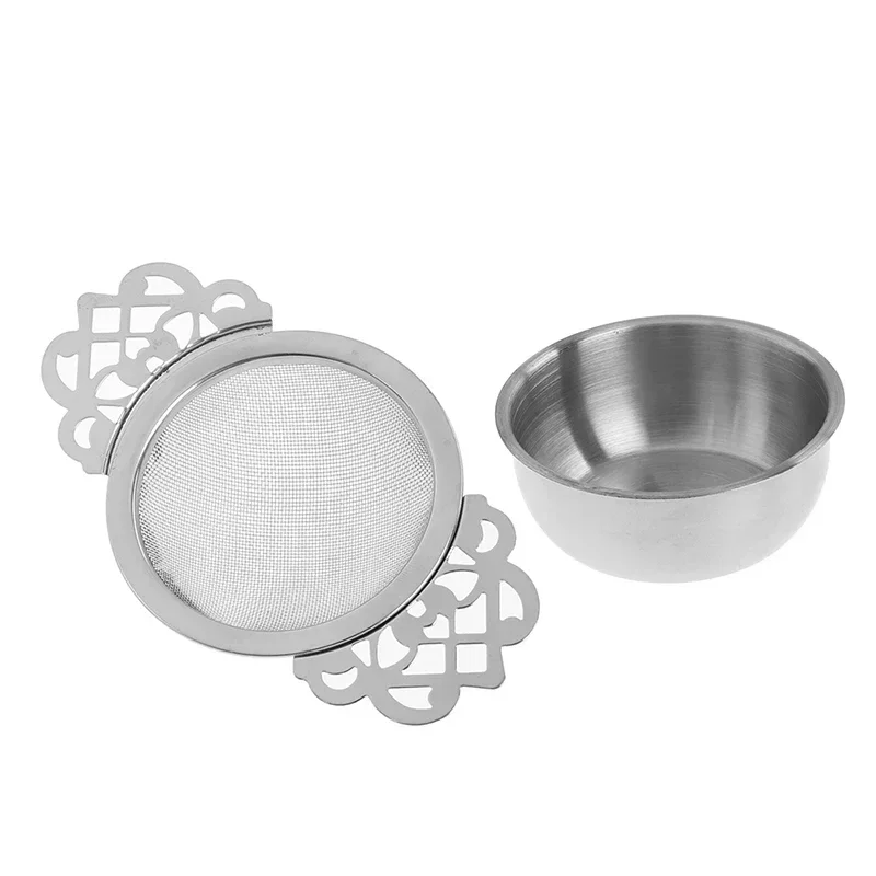 1pcs Stainless Steel Tea Strainer with Drip Bowl Easy Clean Loose Leaf Traditional Hanging Herbal Double Ear Tea Infuser Filter