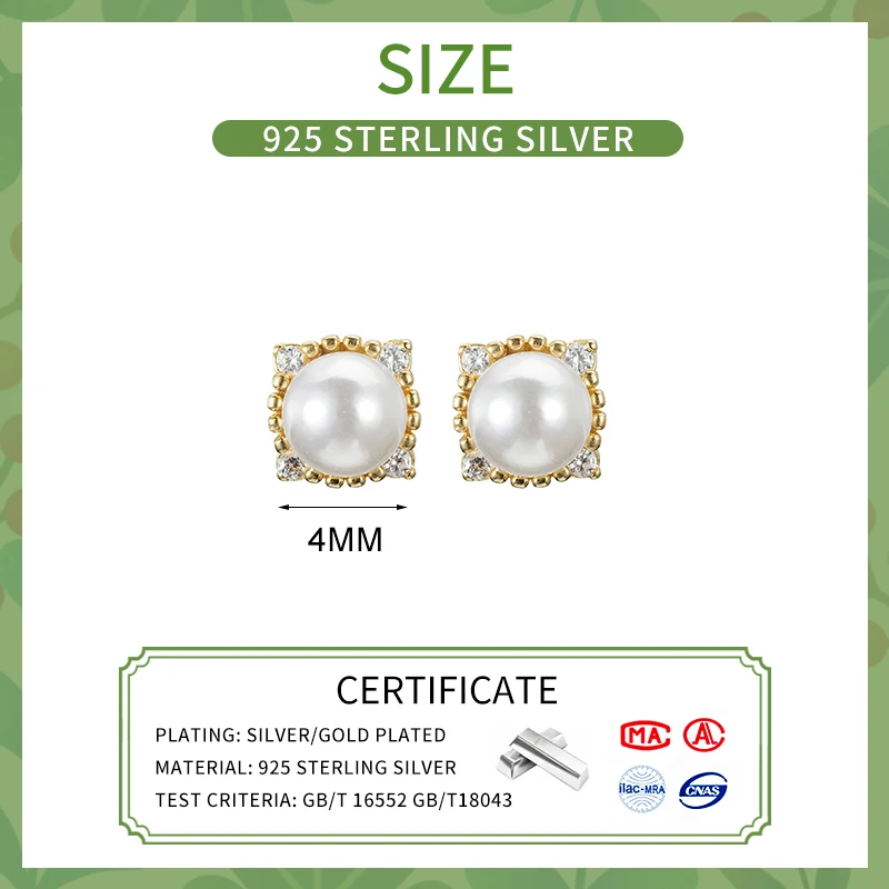 PONYKISS 925 Silver Zircon Pearl Round Stud Earrings for Women Cute Fine Jewelry Minimalist Accessories
