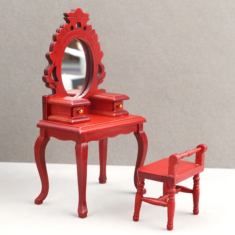 

1/12 Bedroom Scene Decoration Retro Dressing Table Bench living room Mini Furniture white black red 2pcs set dollhouse