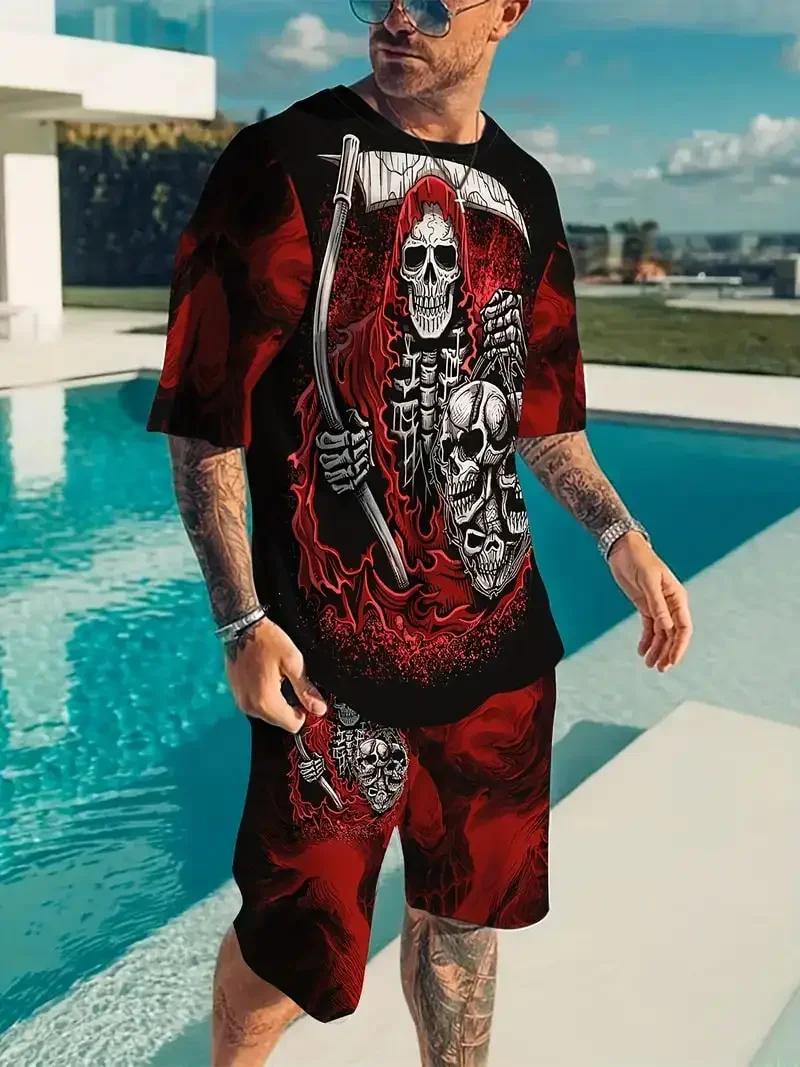 Goth Horror Skull 3D Print Punk T-Shirt Shorts 2 Piece Hip Hop Men Women's Fashion Streetwear Casual T-Shirt O-Neck Hot-selling 6