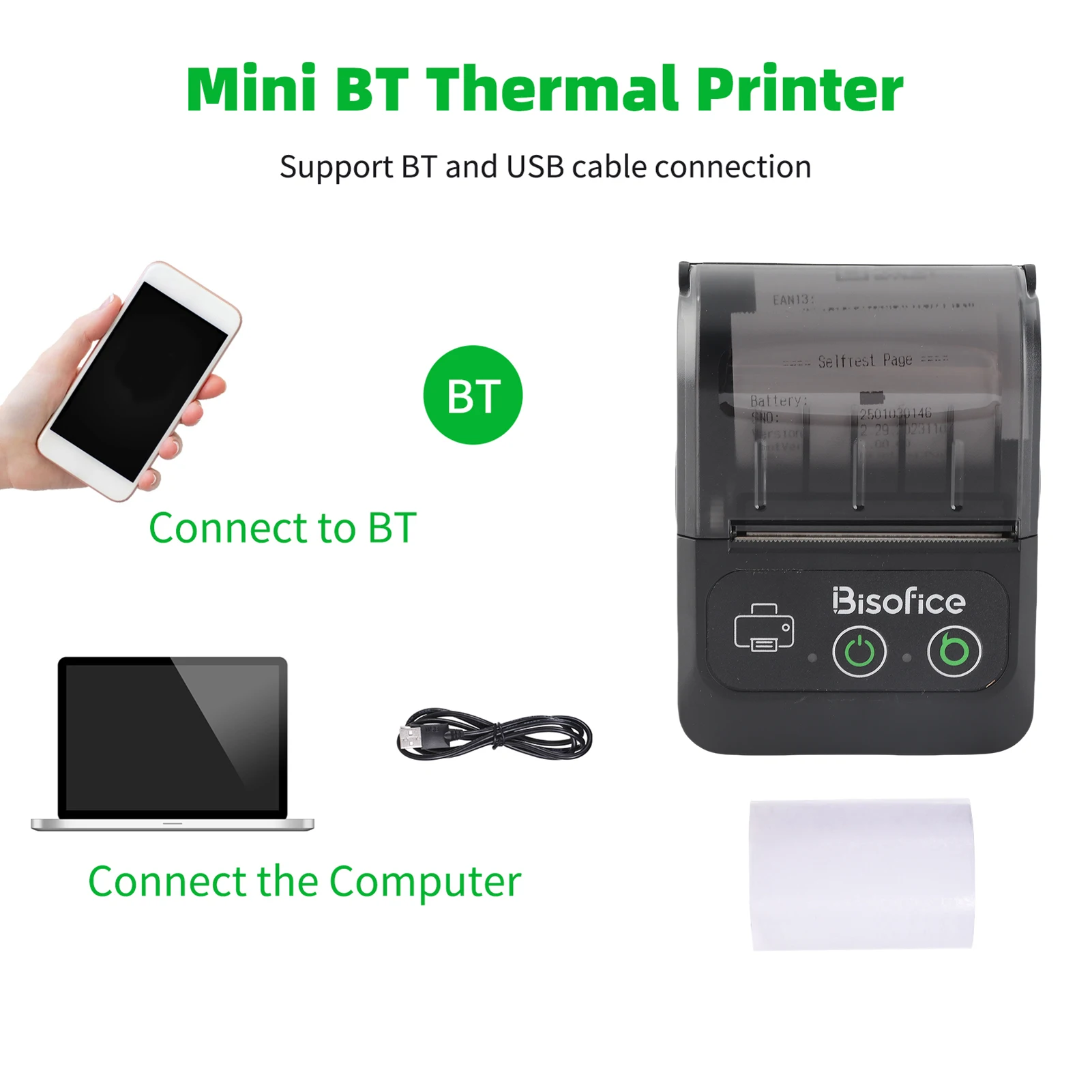 Bisofice 휴대용 무선 BT 58mm 2인치 열전사 영수증 프린터 미니 USB 빌 POS 모바일 프린터 지원 ESC/POS 인쇄 명령