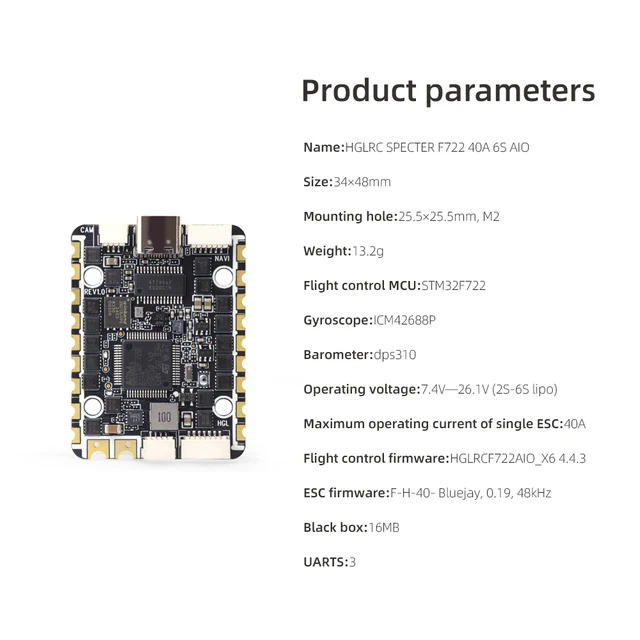 HGLRC SPECTER F722 40A 6 Channel AIO Flight Controller 2-6S for Rekon Y6 Six-axis and Other Mixed Control Types FPV Drone 2