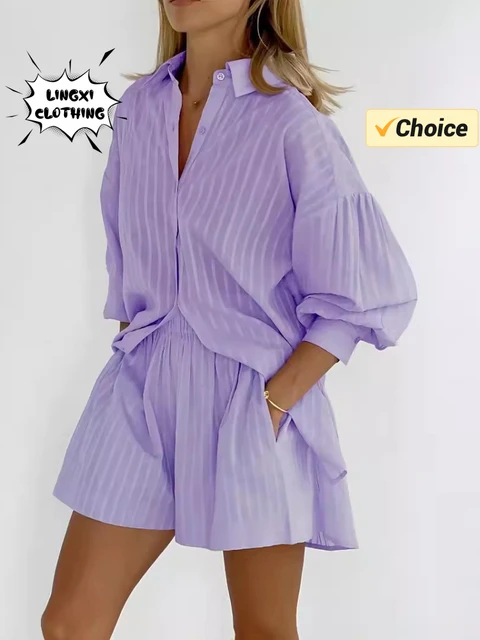 Summer Fashion New Matching Collection Women's Solid Color Jacquard Shirt Shorts Two Piece Elegant Casual Sports Set