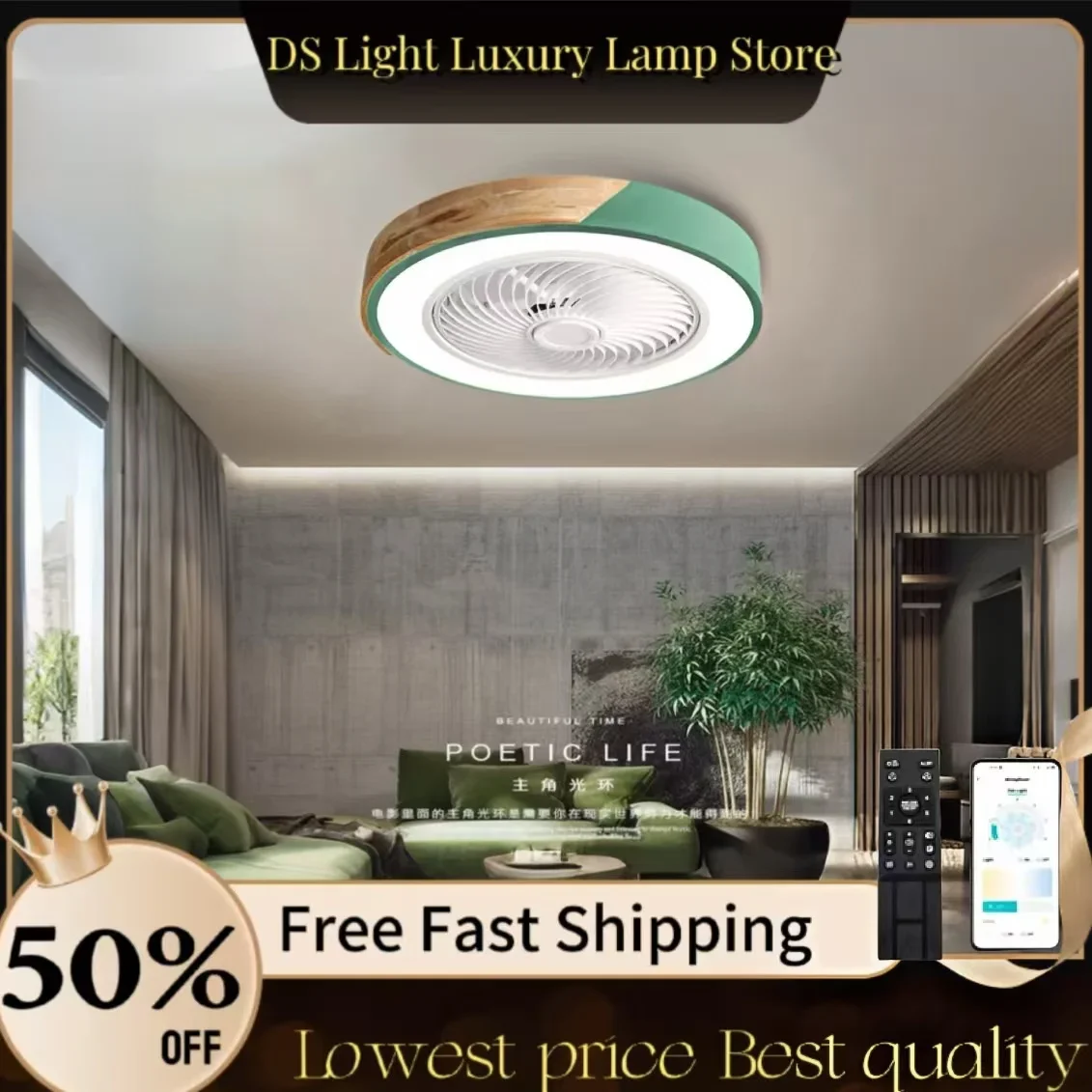 Round ultra-thin LED light 6-speed living room bladed silent smart APP remote control roof invisible fan light chandelier