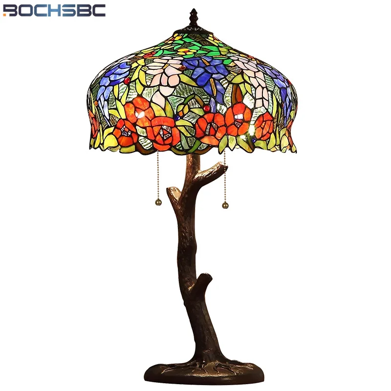 

BOCHSBC Tiffany Style Decor Desk Lamp Rose Purplevine Stained Glass Tree Shade Table Light Colorful Antique Luxurous Dia16Inch