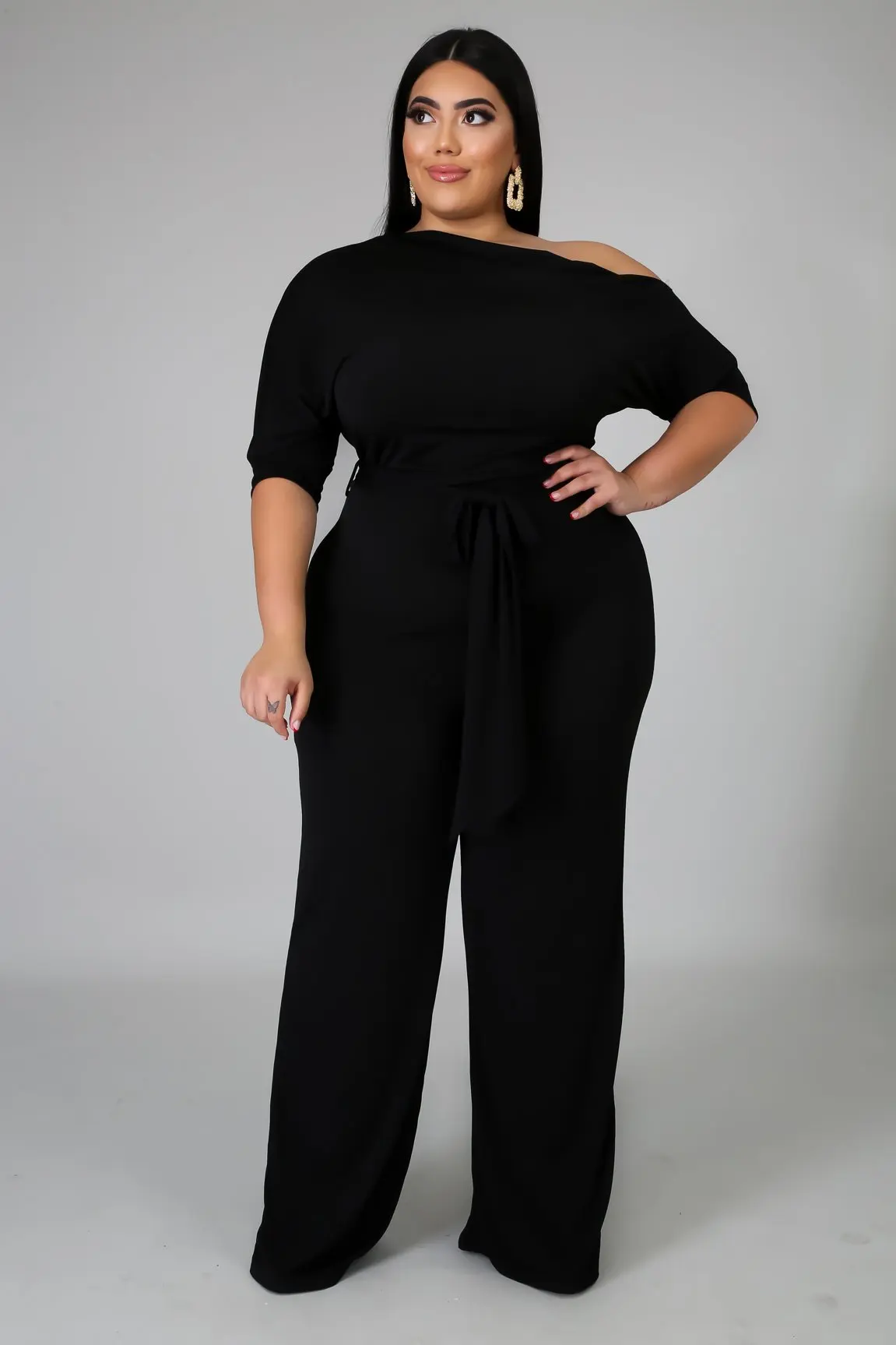 Plus Size Women Jumpsuit Solid One Shoulder One Piece Outfit Lady Casual Wide Leg Pants 2022 Summer Female Belt Wholeale Clothes