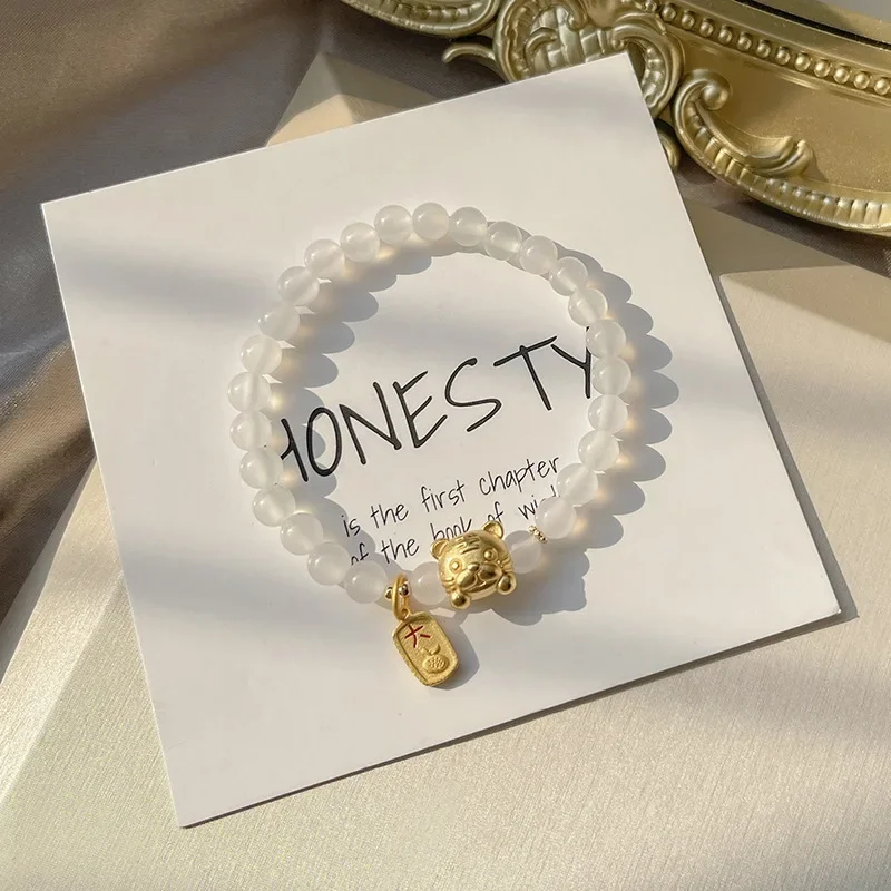 

Chinese New Natural White Jade Stone Zodiac Lucky Gold Tiger Bracelet for Women Girlfriend Couple Gift Beaded Bracelet Jewelry