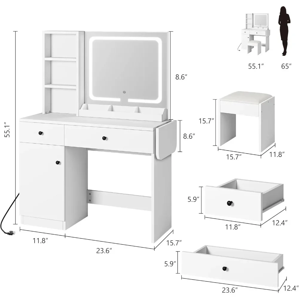 Makeup Vanity Desk with Mirror and Lights, Vanity Desk Set with Outlet & Drawers & Open Shelf Storage Cabinet, Table