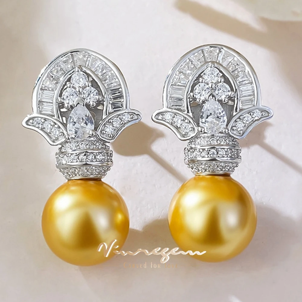 

Vinregem 11MM Gold Pearl High Carbon Diamond Gemstone Drop Earrings Ear Studs 925 Sterling Silver Jewelry for Women Wholesale