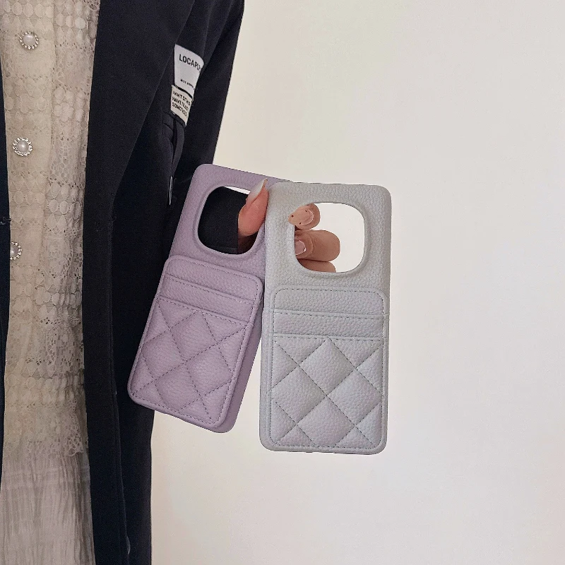 Lingge Leather Card Slot Wallet Phone Case - Solid Color Design