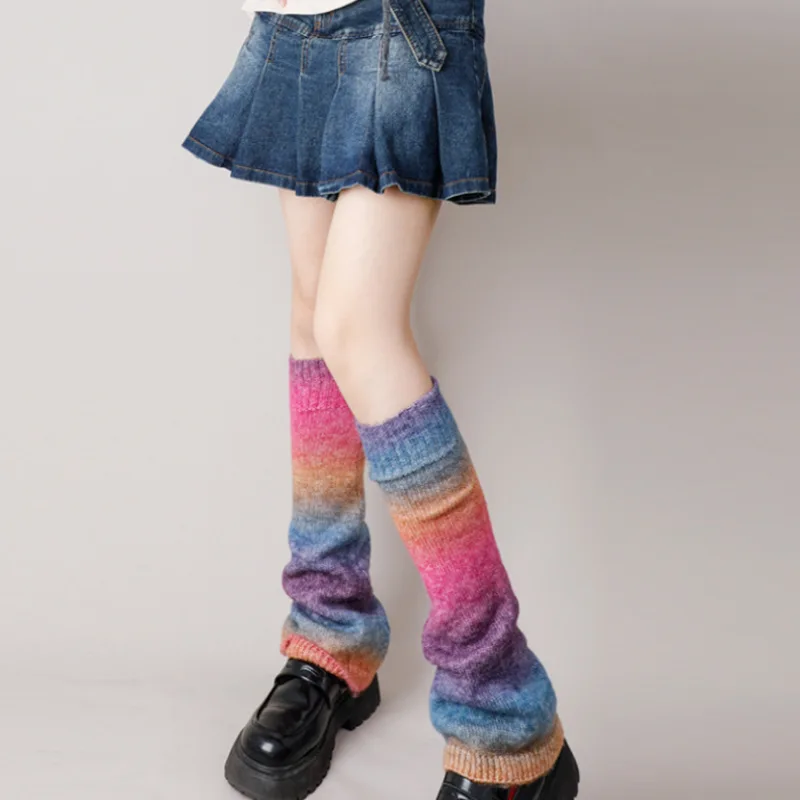 Fashion Gradient Boot Cuffs Japanese Knitted Pile Socks Rainbow Color Wool Over Knee Socks Christmas Fashion Women Ankle Warmer