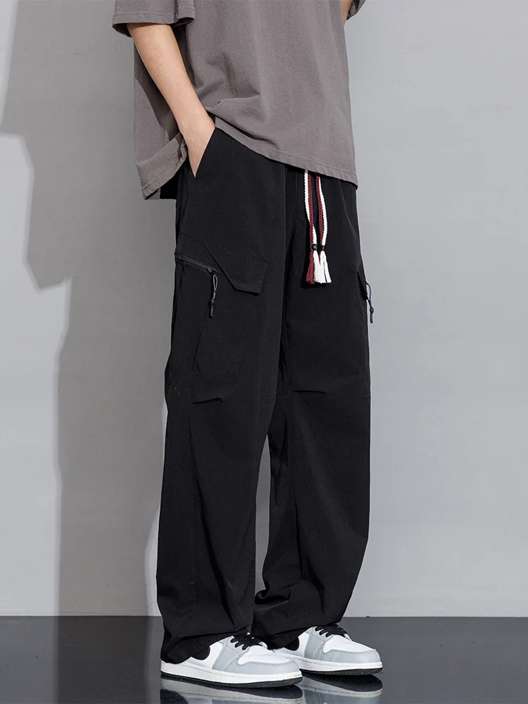 Summer Ice Silk Cargo Pants Men Zip Pockets Light Thin Quick Dry