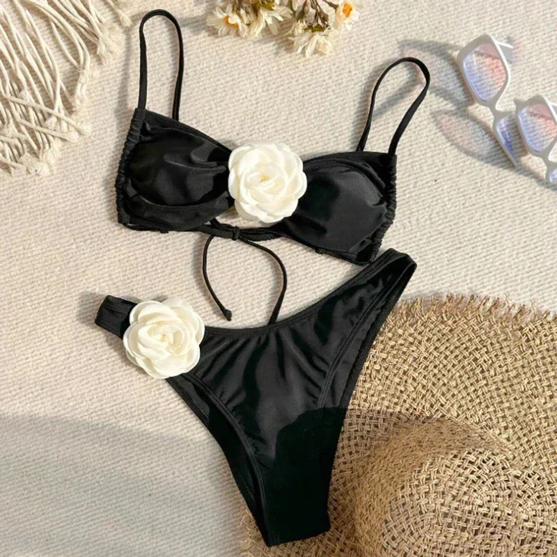Sexy Flower Bandeau Thong Bikini 2025 Women Lace-up Swimsuit Brazilian Bikini Sets Mujer Biquini bikini set bikini swimsuit women swimwear