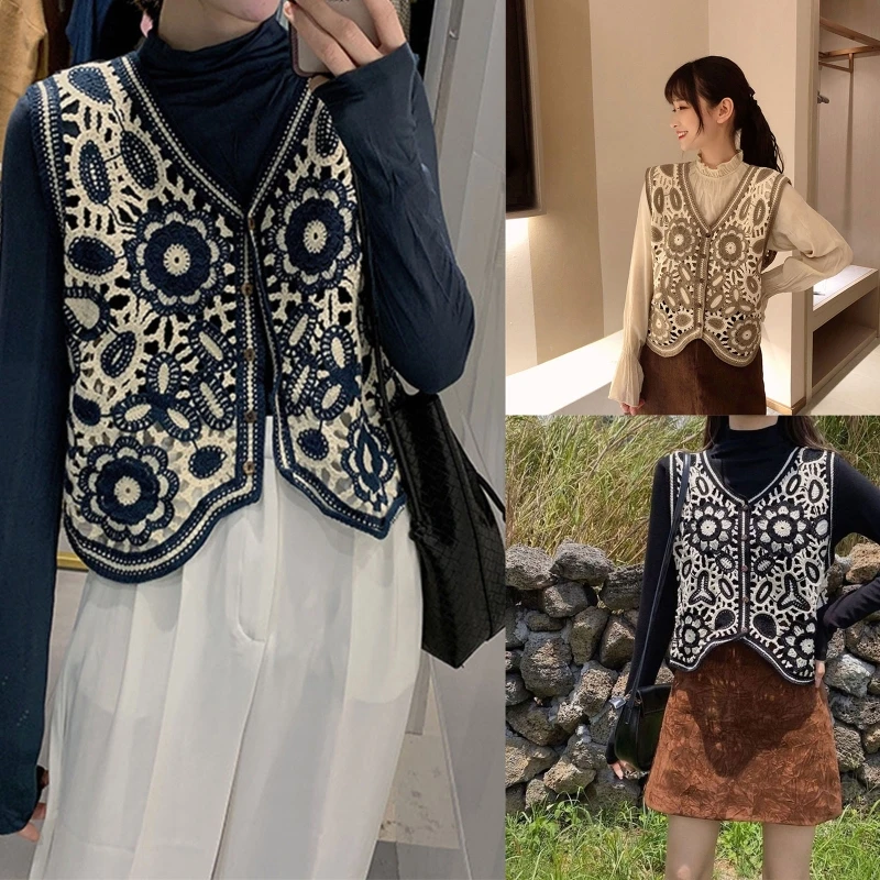 

Women Crochet Sleeveless Sweater Vest Waistcoat V-Neck Button Down Hollow Out Knit Ethnic Floral Leaves Cardigan for Jac