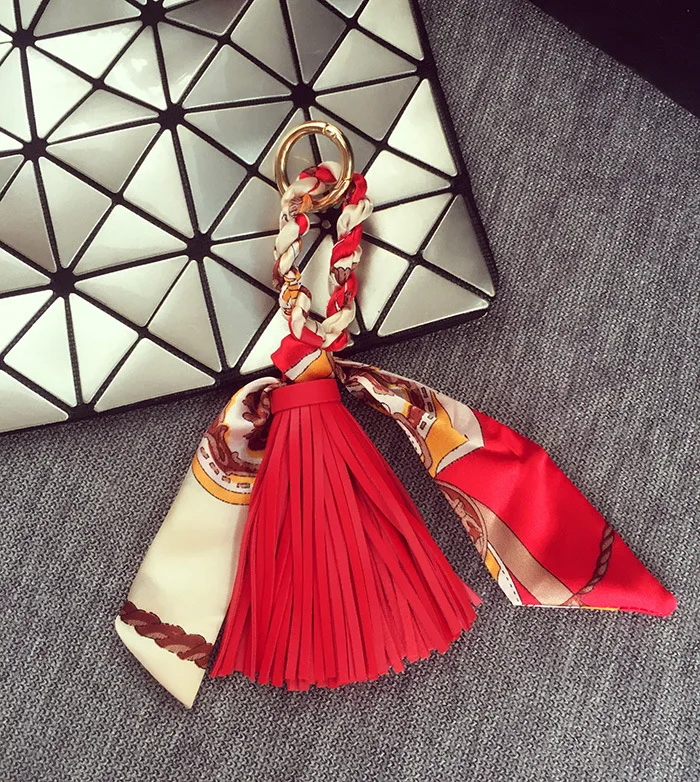 Fringed Leather & Silk Scarf-Inspired Bag Charm with Keychain