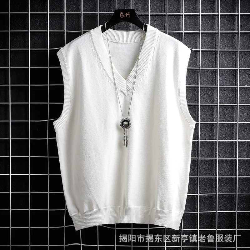 Men Sweater Vests Mens Knitted Vest Autumn and Winter Sweater Vest White Loose Solid Color Thin Waistcoat Casual