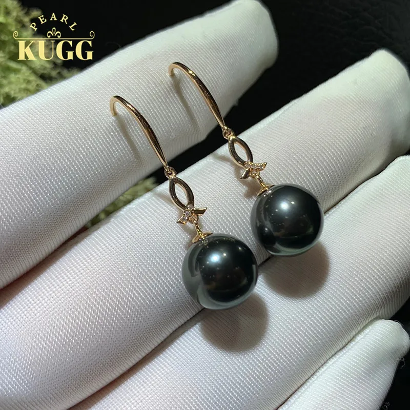 

KUGG PEARL 18k Yellow Gold Earrings Natural Tahiti Black Pearl Earrings Handmade Jewelry Drop Earrings for Women