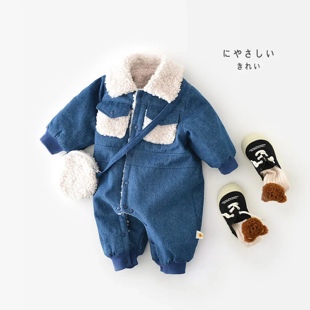 

2024 Korean Autumn Winter Infant Boys Jumpsuit Cotton Denim Thick Single Breasted Romper Patchwork Fluffy Toddler Boys Outfit