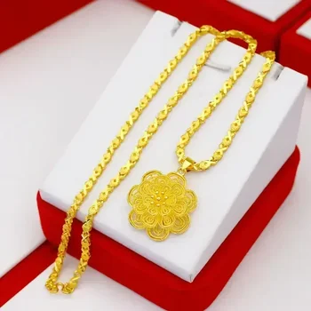 Boutique 24k pure gold AU999 women's necklace 3D large pendant  flower ladies luxury high-quality jewelry