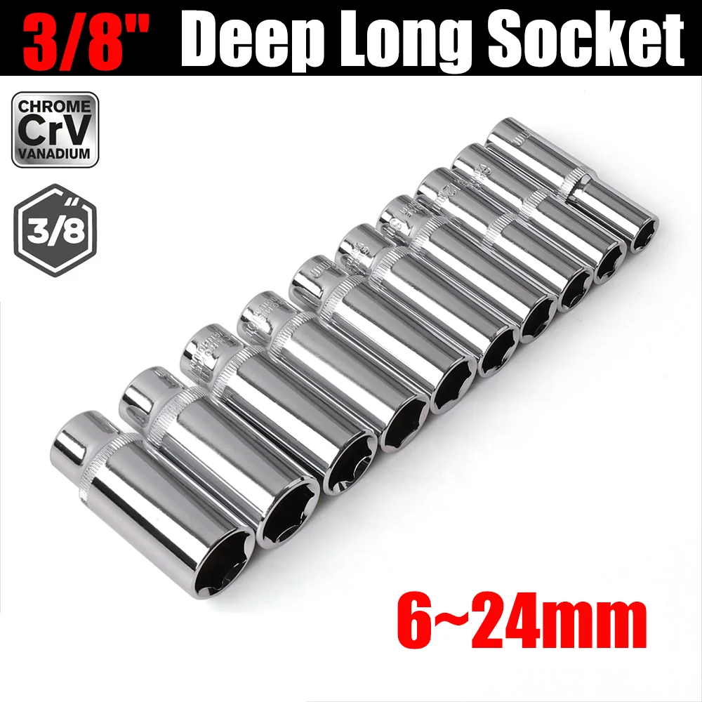 ชุดบล็อกหกเหลี่ยมยาวแบบลึก ขนาด 6-24 มม. ขับเคลื่อนด้วยหัวขัน 3/8 นิ้ว ทำจากเหล็ก CRV แบบ 6 แฉก สำหรับประแจแรงบิด ประแจวงล้อ 1