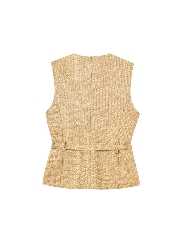 TFMLN New Women Sequin Tweed Vest With Belt Vintage Fashion O Neck Single Breasted 2025 Spring Sleeveless Waistcoat Chic Tops