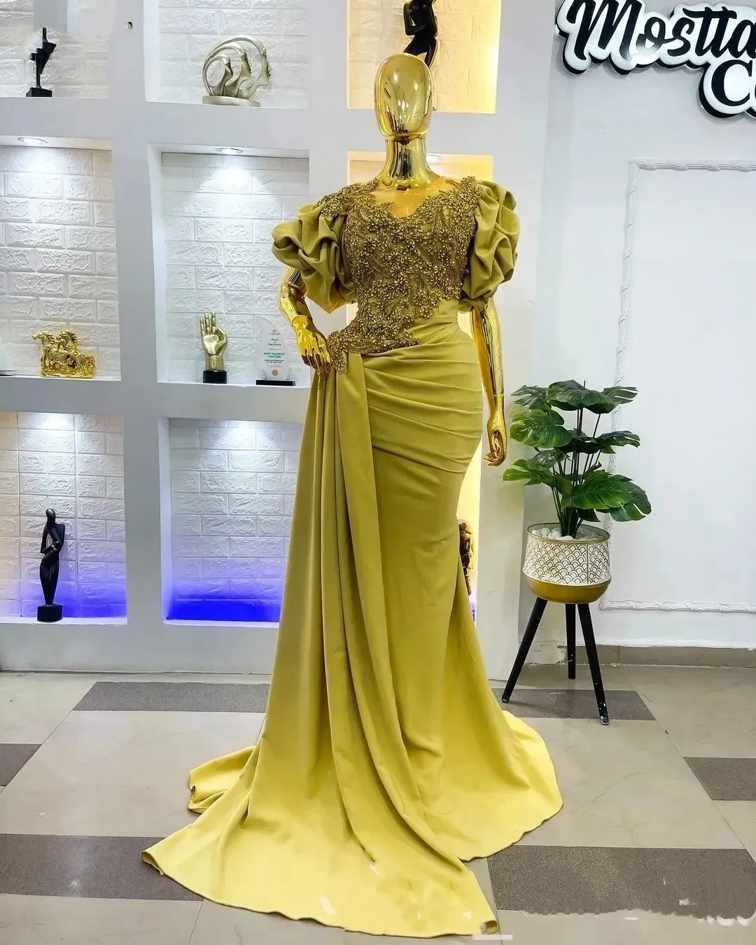 Luxury Crystals Mermaid Prom Dresses Aso Ebi Sheer Neck Puff Sleeves Formal Evening Pageant Gowns Peplum Second Reception Dress