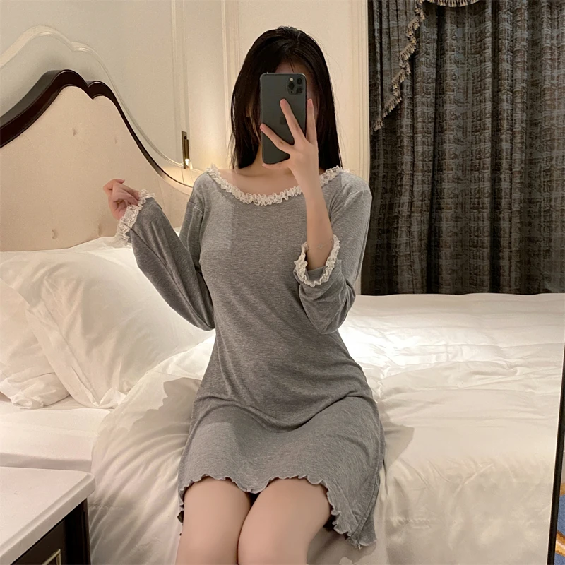 Spring and Autumn Women's Lace Dress Pajamas Loose Simple Sweet Pullover Pajamas Long Sleeve Mid-Length Home Clothes women pajamas
