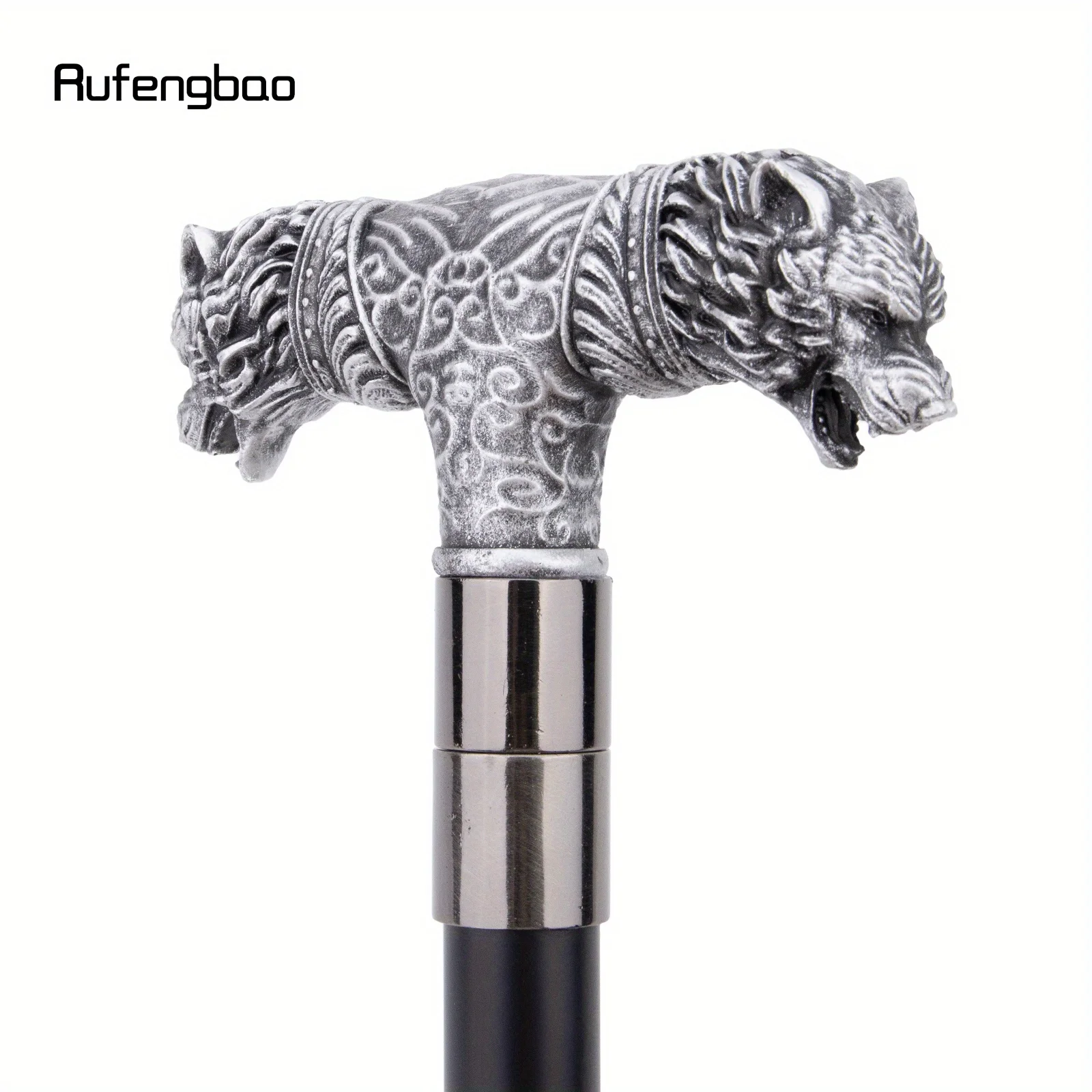Silver Resin Wolf Double Head Walking Cane Fashion Steel Stick Elegant Cosplay Cane Knob Crosier Performance Stage Cane 92cm