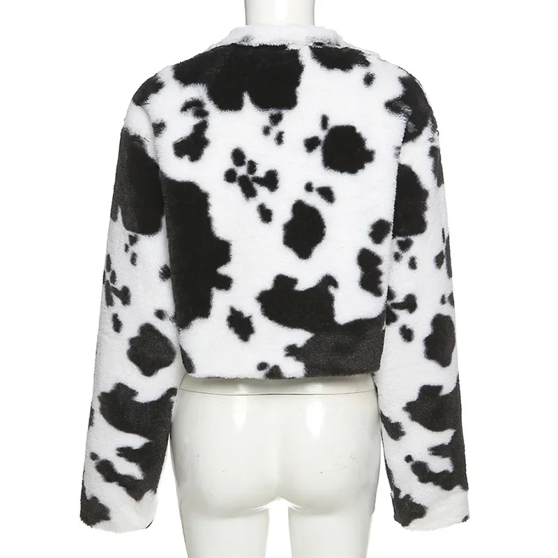 2021 Winter New Fashion Cow Pattern Warm Plush Cardigan Color-blocking Long-sleeved Gothic Women's Punk Style Faux Fur Coat