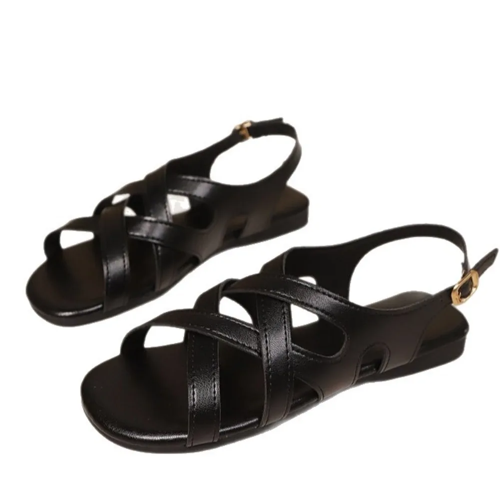 Black Pu Leather Flats Rome Sandals Women Summer Cross Straps Open Toe Beach Sandles Woman Lightweight Soft Sole Sandalias 36-43