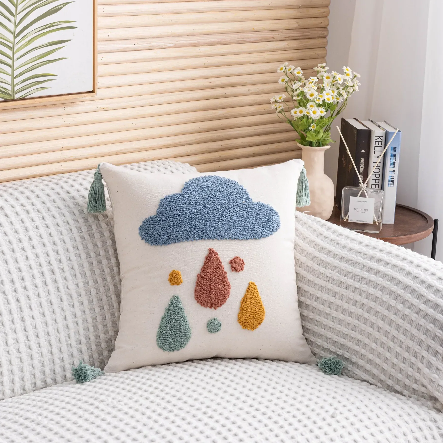 45X45CM Sun Moon Rainbow Loop Tufted Print Cushion Cover Boho Cotton Linen Cartoon Embroidery Pillow Case  Pillows Decor Home