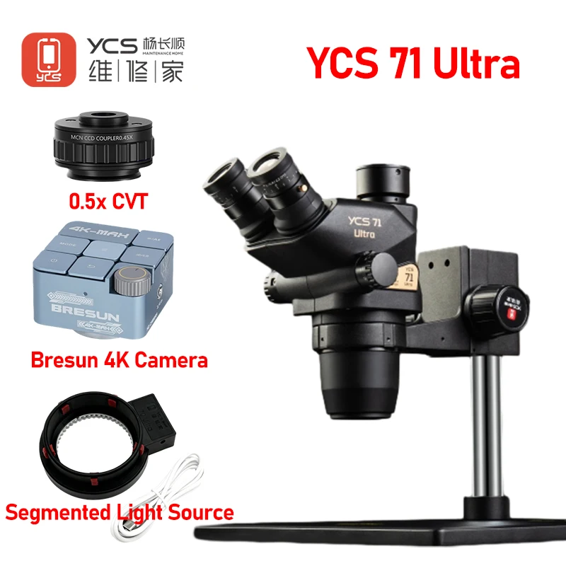 새로운 YCS 71 울트라 HD 삼안 현미경 헤드 0.67X-45X 줌, 휴대폰 전자 수리 현미경 카메라용