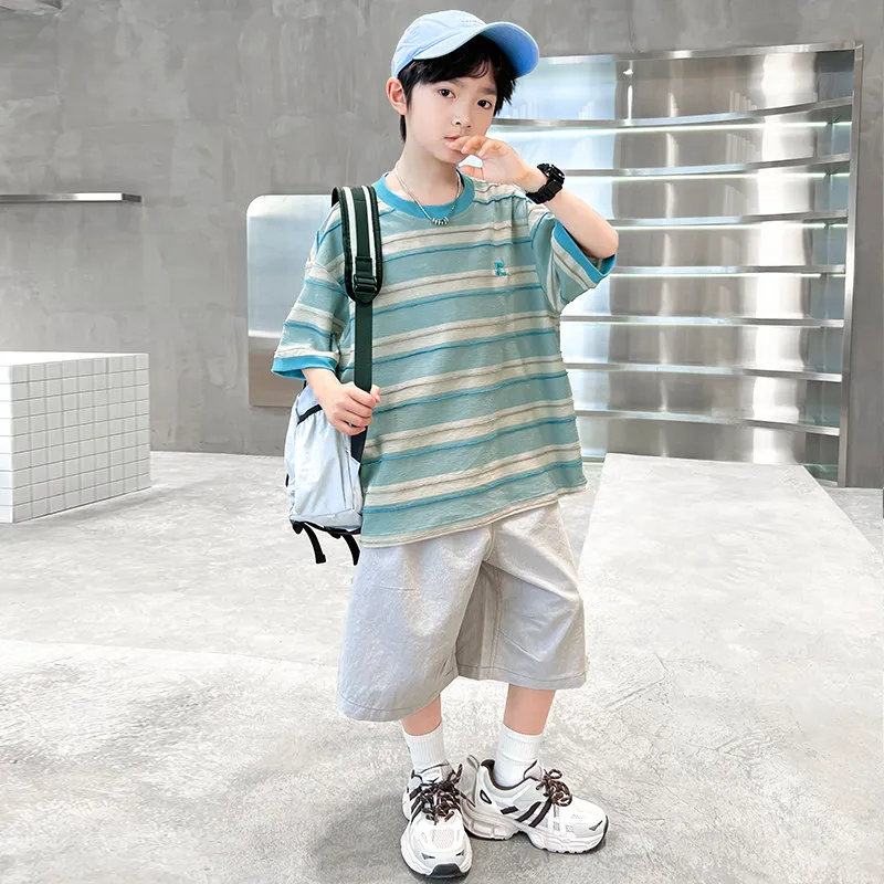 Boys Summer Outfit Set Striped Short Sleeve Sporty Thin Cool Casual Children's Clothing Two-Piece Set for Ages 4-17 - 4