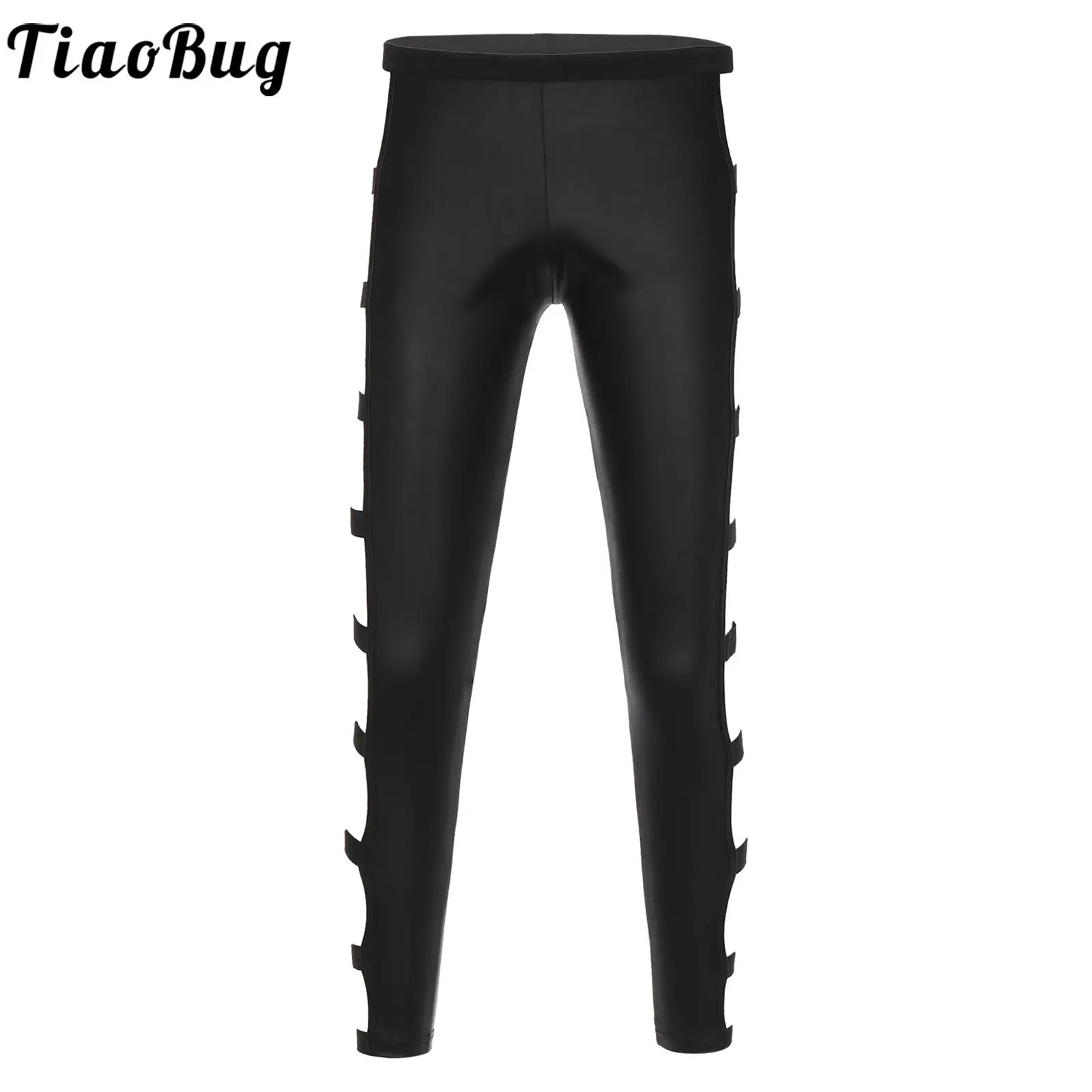 

Mens Sexy Cutout Latex Leather Skinny Pants Black Elastic Waistband Hollow Out Leggings Trousers Club Dance Performance Costume
