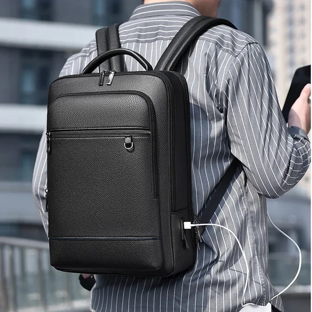 Sac à dos exécutif hommes sacoche en cuir PU USB charge porte-documents bureau voyage ordinateur portable bureau affaires épaule sac à dos mâle 1