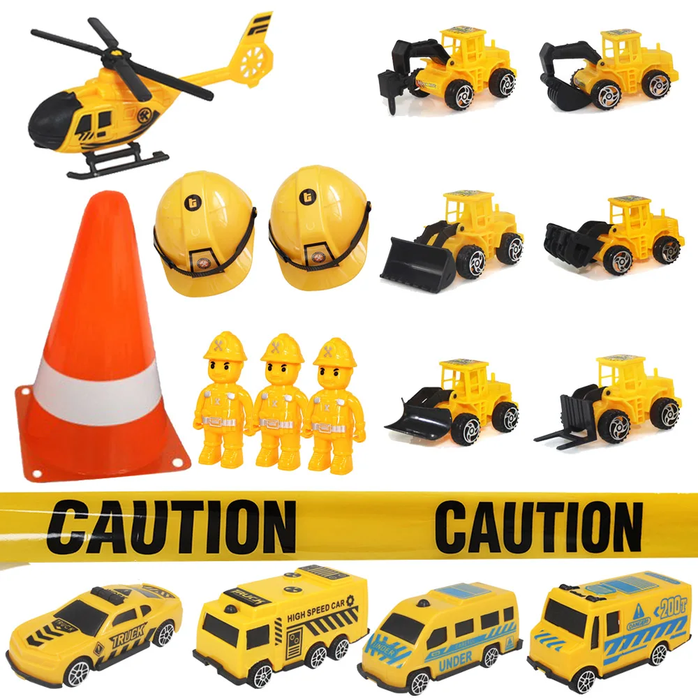 Construction Cake Topper Mini Construction Vehicles Toys Caution Tape Safety Cones Road Parking Cone Construction Party Supplies