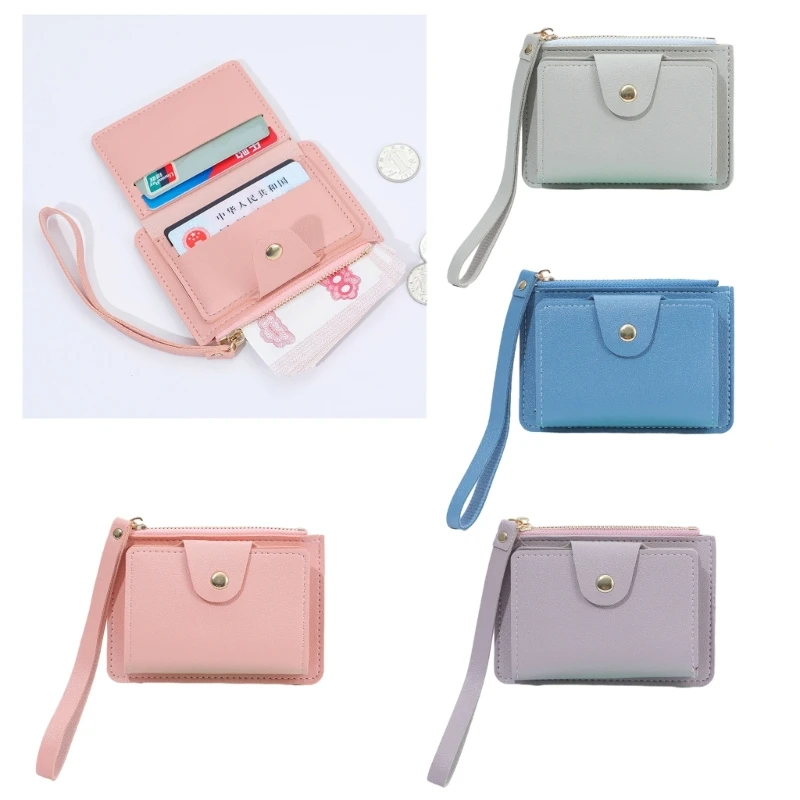 

Women PU Wristlet Wallet Bank Credit Card Holder Zipper Pouch Girls Solid Color Multi-slot Coin Cash Purse with Wrist Strap