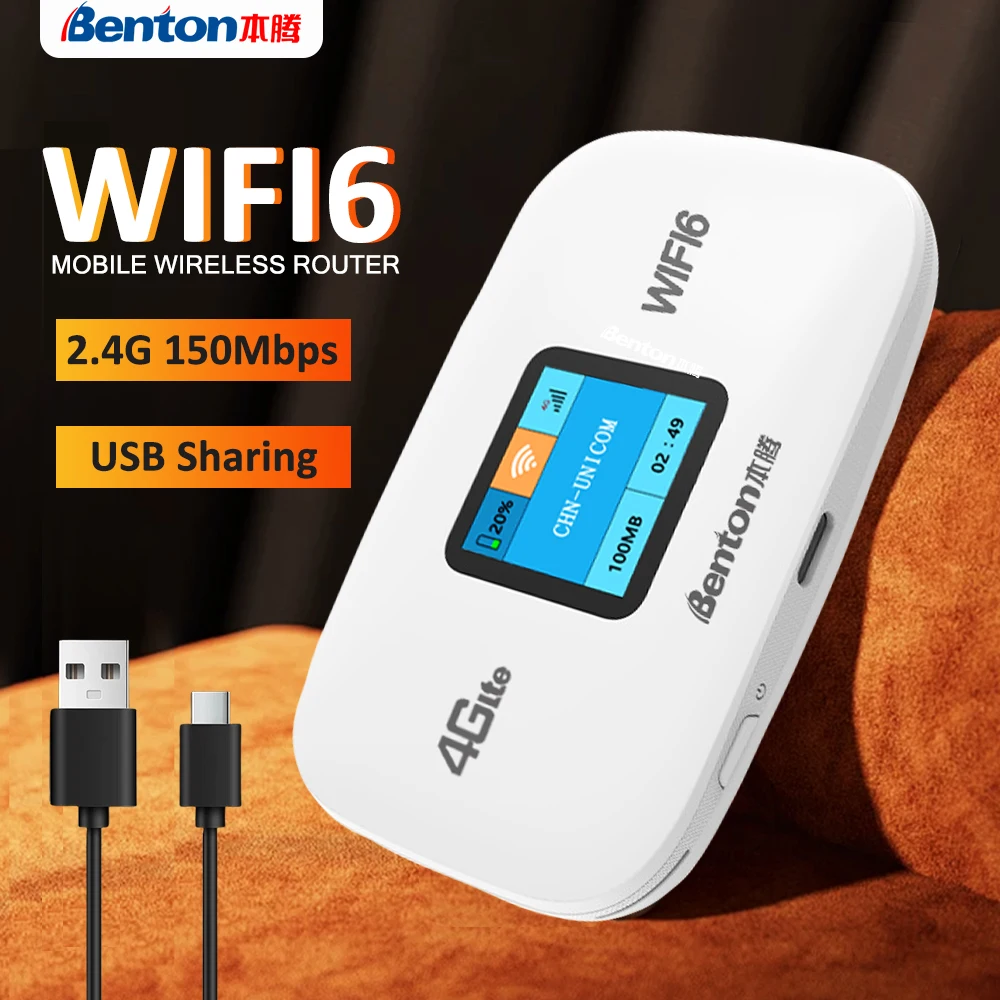 Benton Plug&Play Unlocked MiFi Portable 4G Router WiFi6 150Mbps 3000mAh Battery USB-C Powered Mini Travel Router for 4G 5G SIM