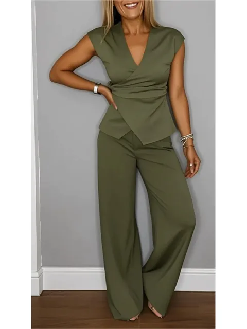 Casual Sleeveless V-neck Neckline Pleated Button Sleeveless Top 2piece Set Elegant Women Office Wide-leg Long Pants Twopiece Set 2