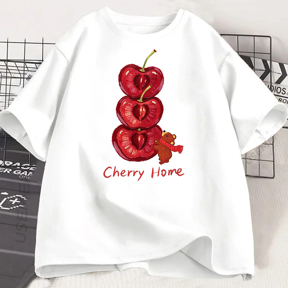 Cherry Print T Shirt Women Cute Cartoon Bear Graphic Tee Summer Casual Short Sleeve Loose White Top Kawaii Harajuku Style