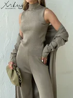 Spring 3 Pieces Set Outfits Women Knitted Suits Pants Sets Khaki Turtleneck Vest Long Cardigans Loose 3 Pieces Suit For Women