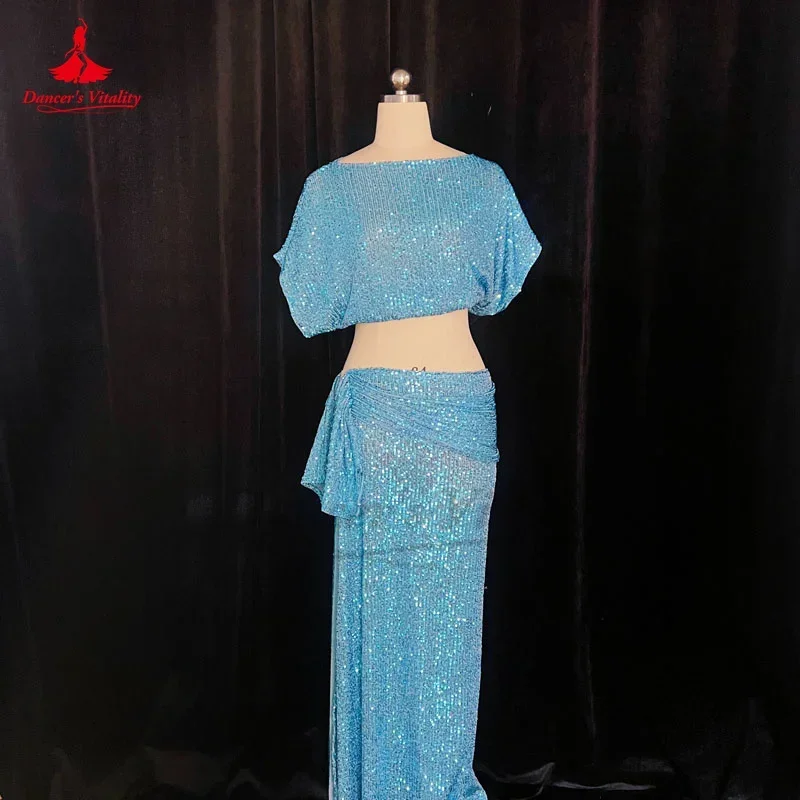 

Belly Dance Costume Set Women's Customized Sequin Short SleeveTop+Split Long Skirt 2ps Oriental Dance Performance Costumes
