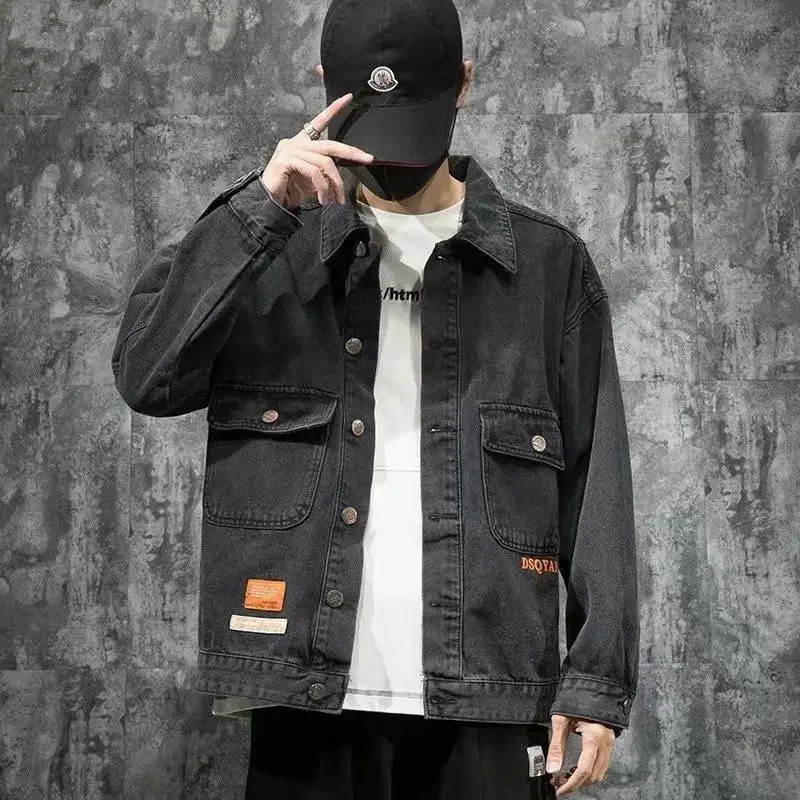 thumbnail image 1 of Chaqueta vaquera de otoño con botones azules para hombre, abrigos vaqueros de bolsillo gris para hombre, moda japonesa, alta calidad, vintage, precio bajo, talla grande GL, 1 of 5