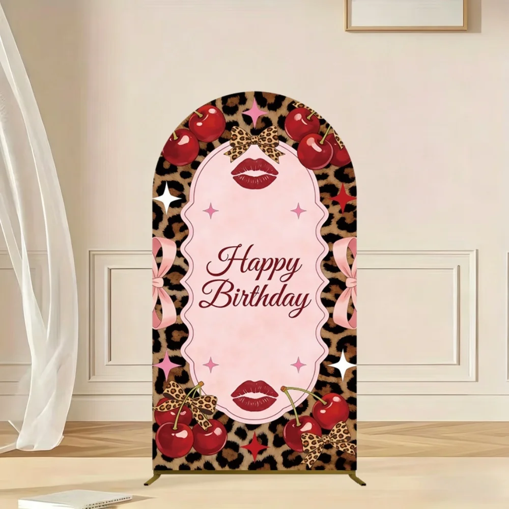 레오파드 프린트 생일 축하 아치 배경 커버 레드 체리 리본 소녀 생일 파티 장식 키아라 벽 아치 사진 배경