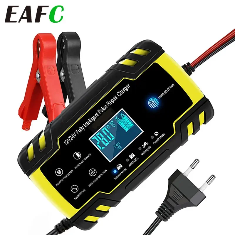EAFC Car Battery Charger 12/24V 8A Touch Screen Pulse Repair Digital LCD Display Smart Fast Charger Charging for Car Motorcycle