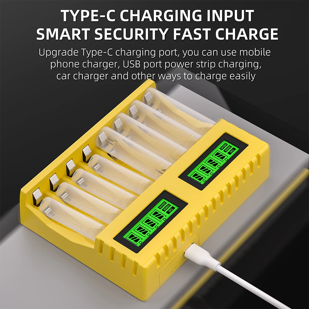 Universal Smart Battery Charger with LCD Display and USB Type-C Connection for AA and AAA Ni-MH Batteries, 8-Slot Capacity