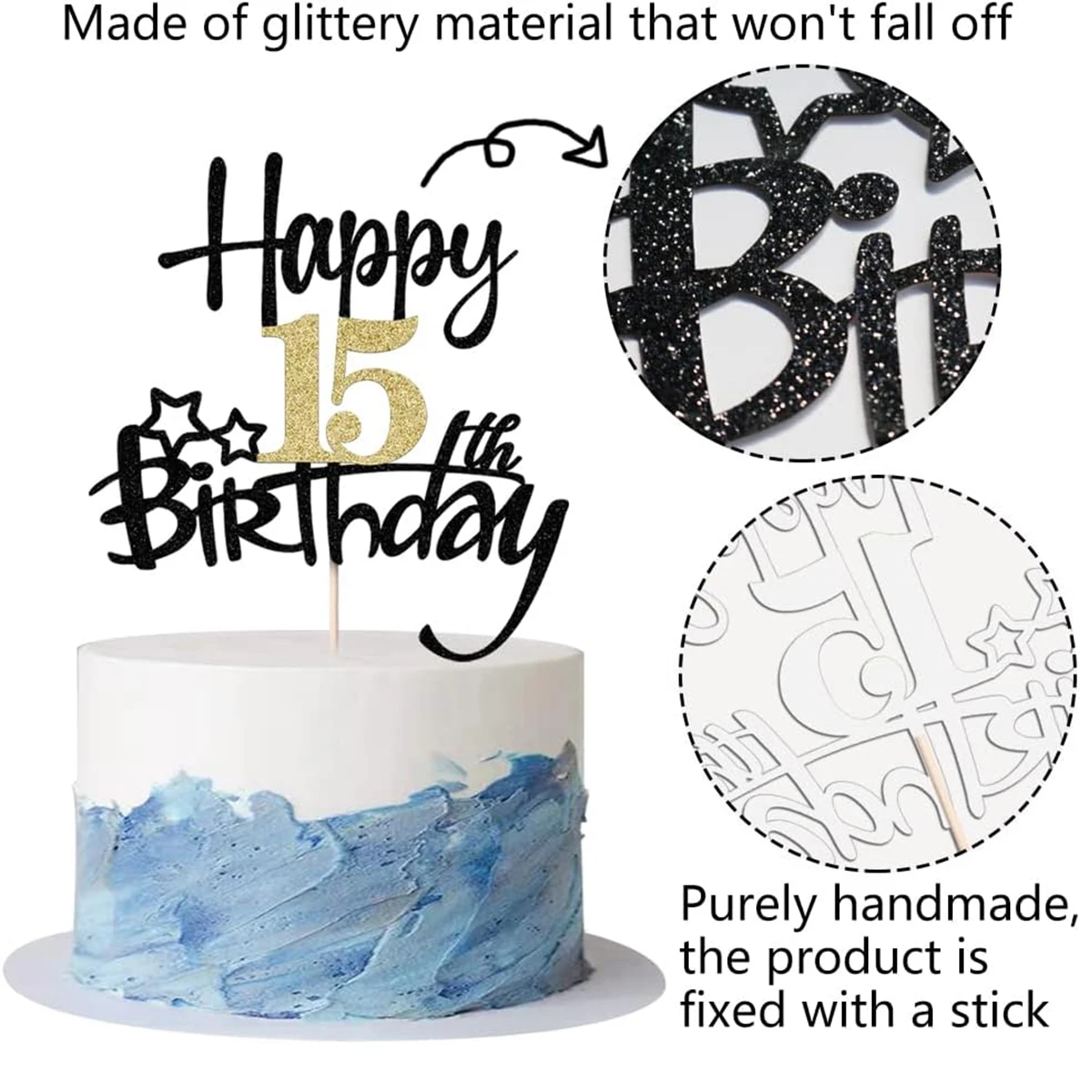 Bolatu Topper per torta con glitter neri per 90° compleanno