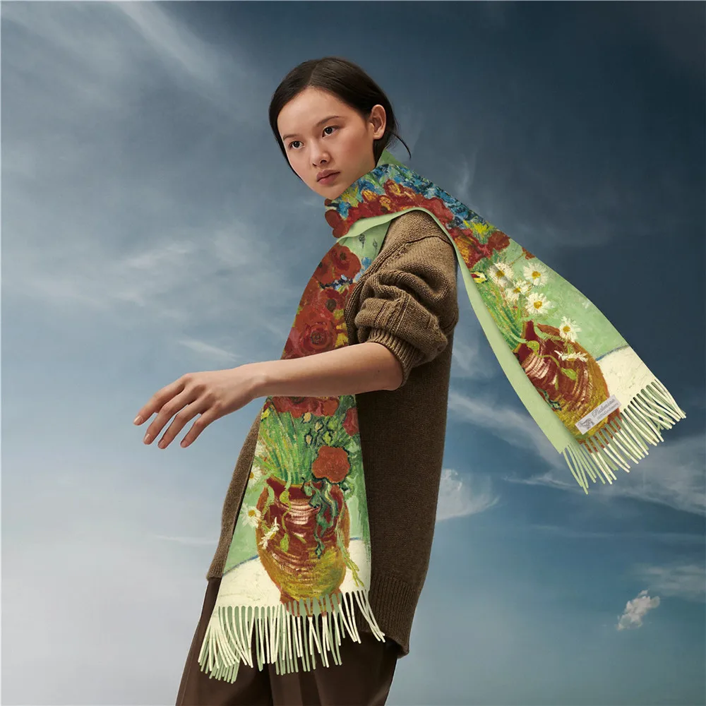 

2023Winter New Imitation Cashmere Scarf Van Gogh Bottle Small Medium Daisy Print Long Tassel Shawl Women's Long Scarf Warm Scarf