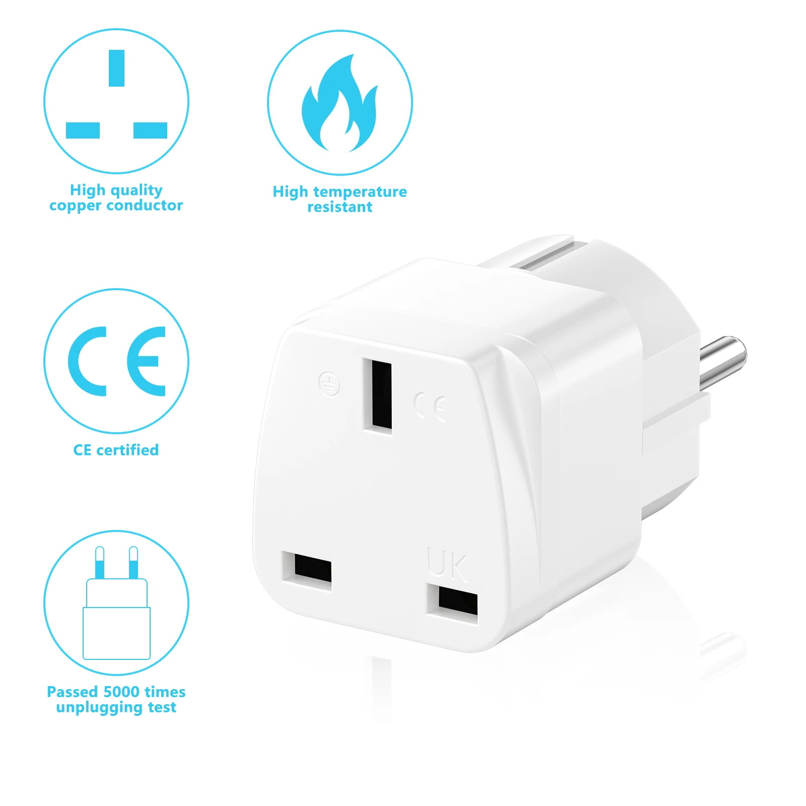 UK to EU Plug Adapter - European Travel AC Power Converter Set (3-Pack)