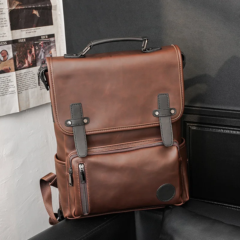 Retro Crazy Horse PU Leather Fashion Backpack for Men